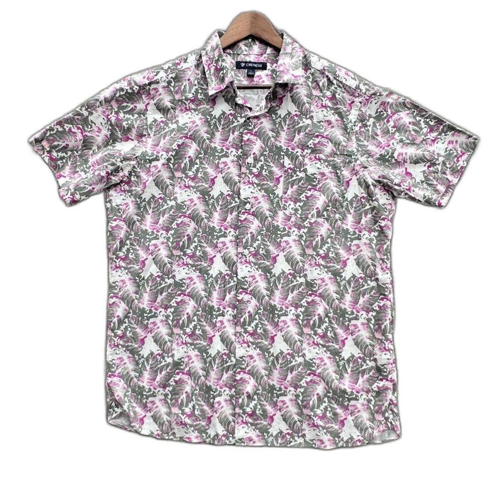 CREMIEUX Men's L Short-sleeve Button-up Shirt Tropical floral palm pink & green